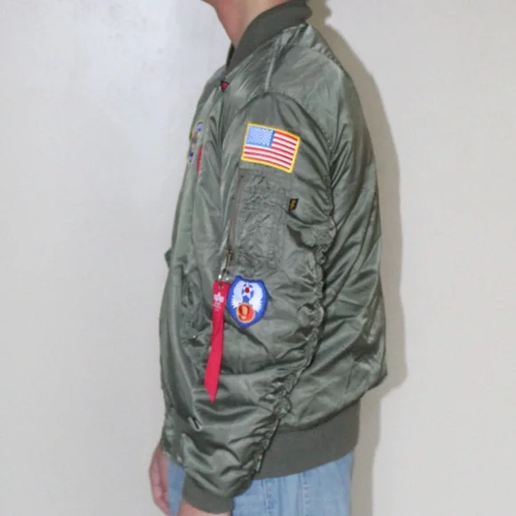 Alpha Industries Green Zip Top Gun Flight Bomber Jacket MA-1 Patches Youth L - Picture 3 of 16